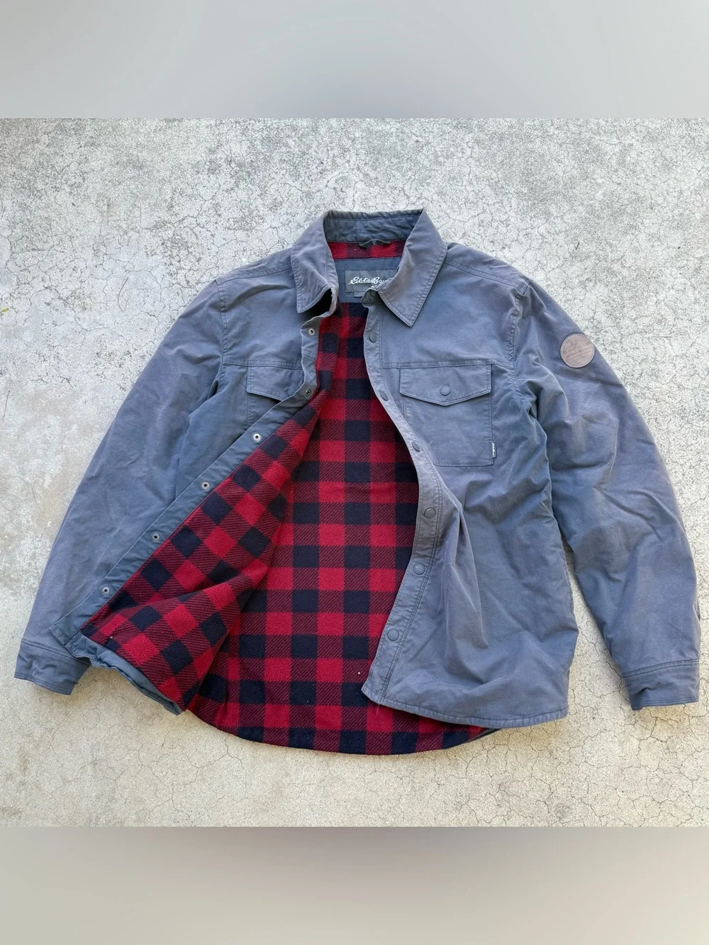 Distressed Eddie Bauer Outdoor Flannel Lined Blue Grey Shirt Jacket Shaket Sz L